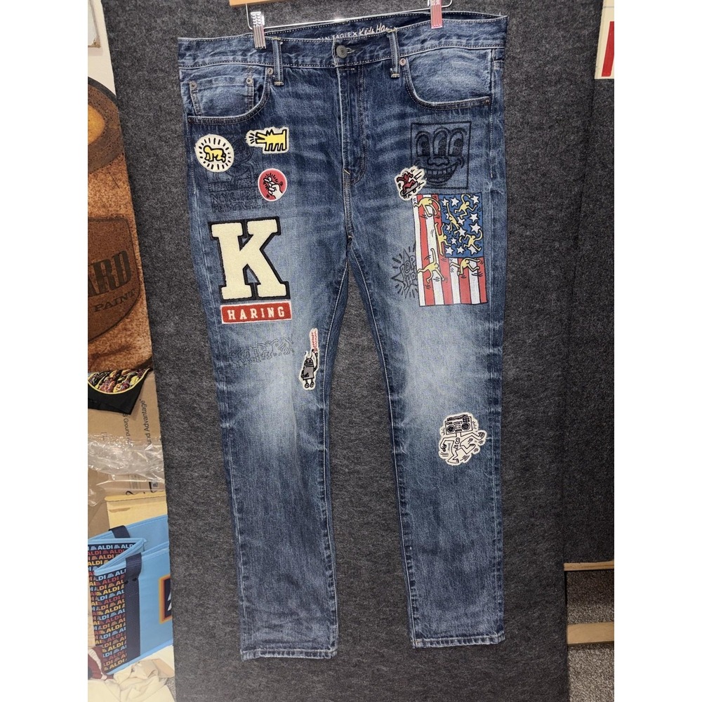 American Eagle Keith Haring Jeans
36x32 Slim Denim Artsy LGBT Patch Doodle
